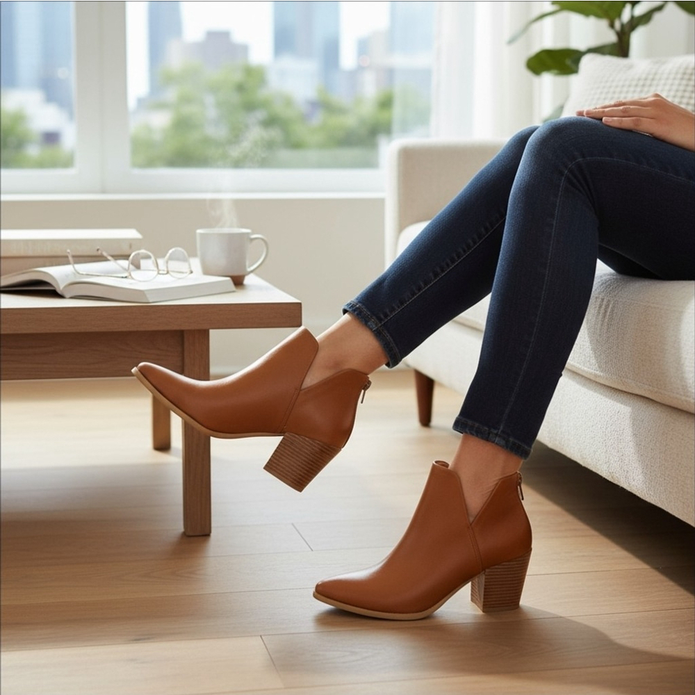 Sun + Stone Modern Western Block Heel Booties Boots 7.5 M Cognac BROWN